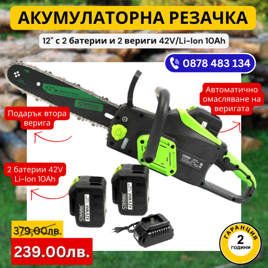 Акумулаторна резачка с автоматично смазване 12" с 2 батерии и 2 вериги 42V . 10.0A